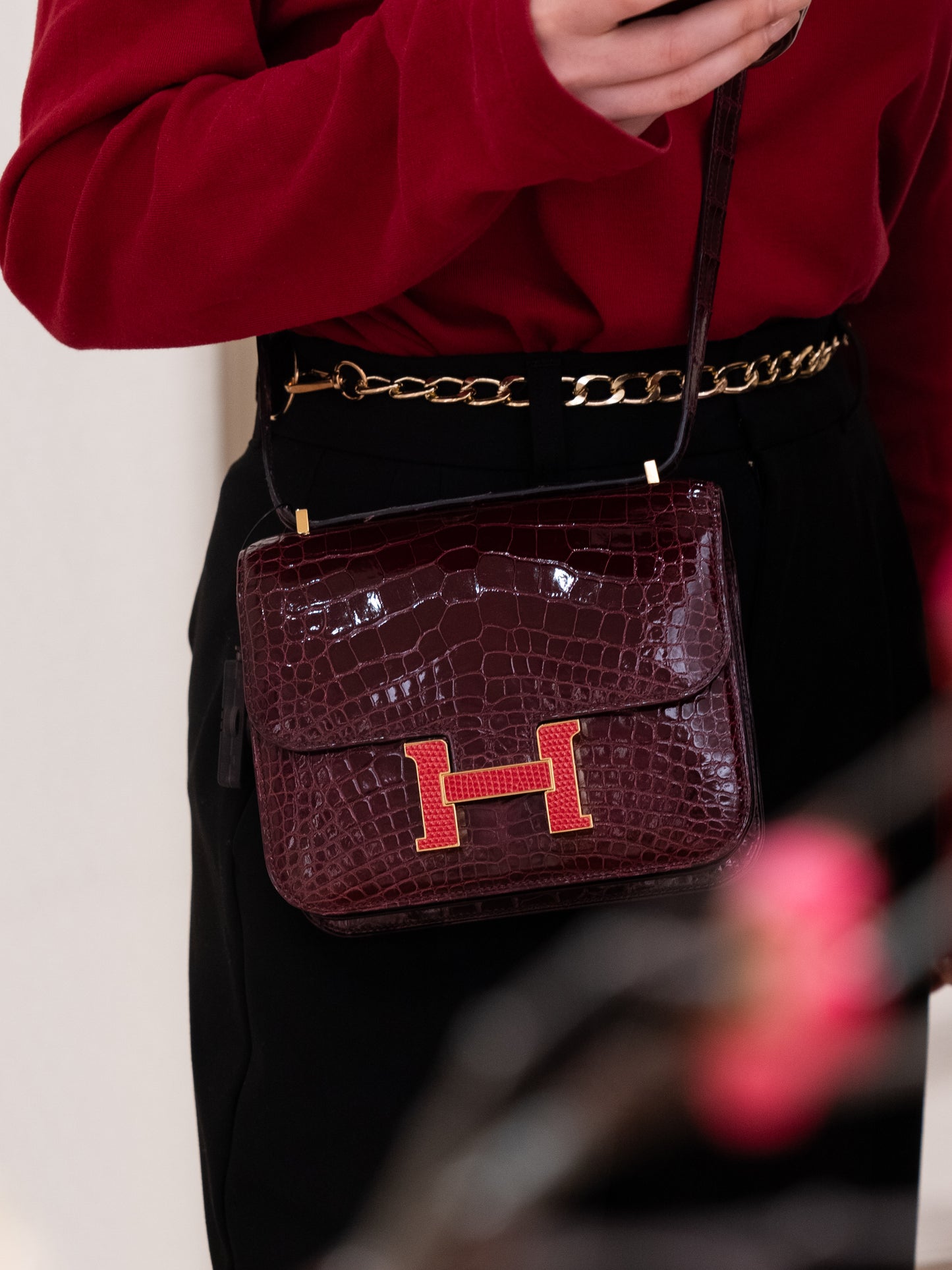 HERMÈS エルメス コンスタンス3 ミニ ブルゴーニュ クロコダイル アリゲーター リセ